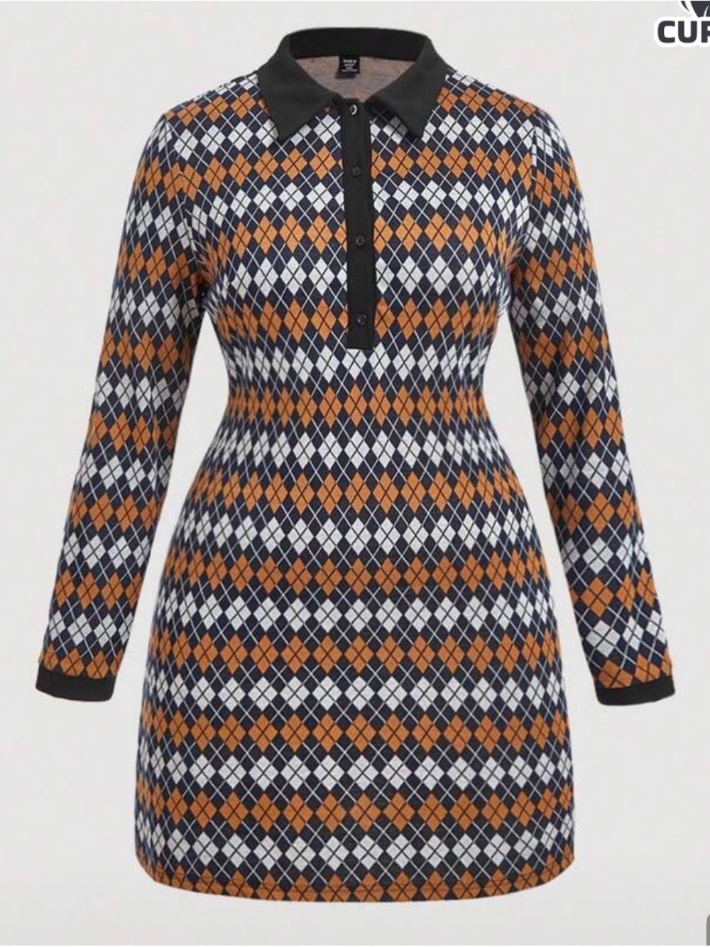 SHEIN Black, White & Orange Argyle Polo Mini Dress